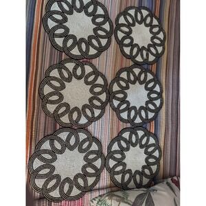 MacKenzie-Childs Beaded Placemats Set of 6 Black White Gold Round 15" Charger
